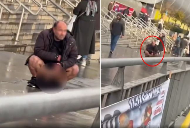 Kalabalığa aldırış etmeden AVM'nin önüne tuvaletini yaptı
