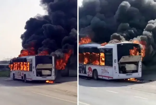 Otobüs seyir halindeyken alev topuna döndü, geriye sadece iskeleti kaldı