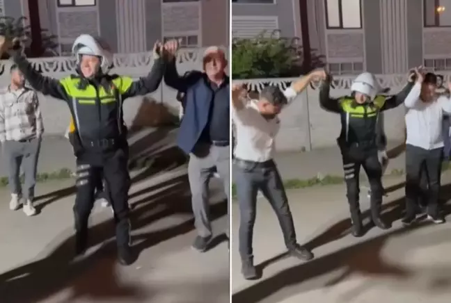 Düzce'de trafik polisi, düğün nedeniyle trafiğe kapanan yolu açtıktan sonra halaya katıldı