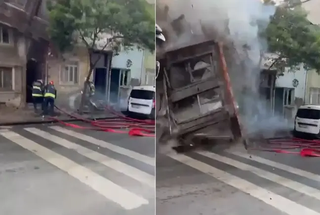 Dehşet anları kamerada! Yanan bina itfaiye erlerinin üzerine çöktü