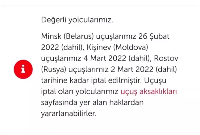 THY'nin Rostov, Minsk ve Kişinev seferleri iptal edildi