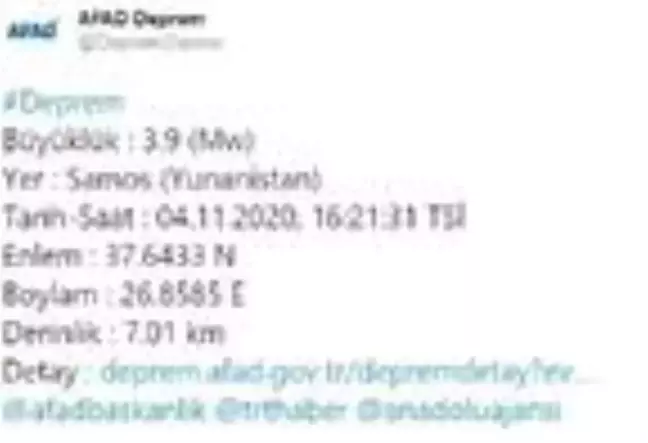 Yunan adası Samos'ta 3.9 büyüklüğünde deprem