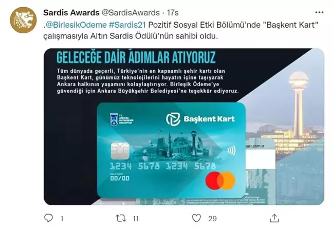 SARDİS ÖDÜLLERİ BELLİ OLDU: BAŞKENT KART'A ALTIN ÖDÜL YAĞDI