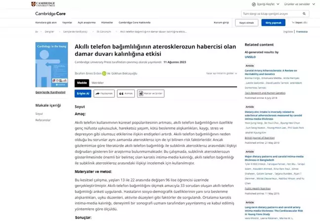 Öğrencinin akıllı telefon bağımlılığı ile damar kalınlığı arasındaki ilişkiyi incelediği proje Cambridge University Press'te yayımlandı