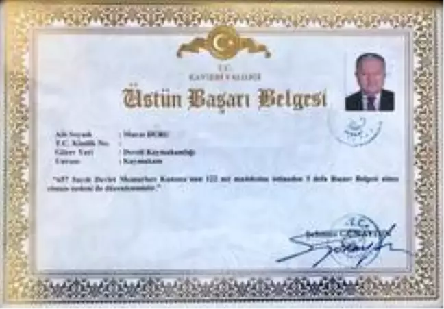 Kaymakam Duru, Üstün Başarı Belgesi ile ödüllendirildi