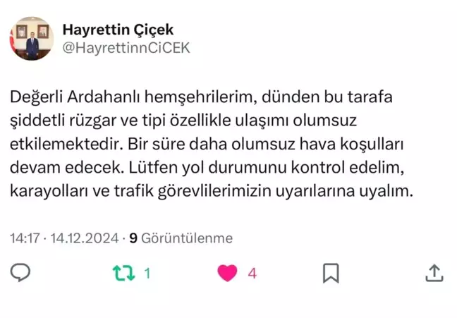 Ardahan Valisi'nden Kar ve Tipi Uyarısı