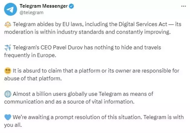 Telegram CEO'su Pavel Durov'un gözaltına alınmasıyla ilgili açıklama