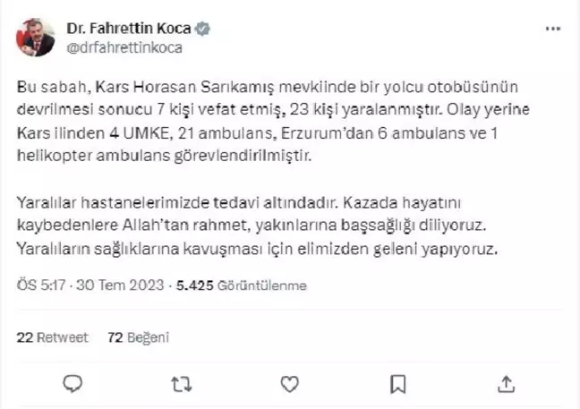 Bakan Koca'dan Kars'taki Otobüs Kazasıyla İlgili Açıklama