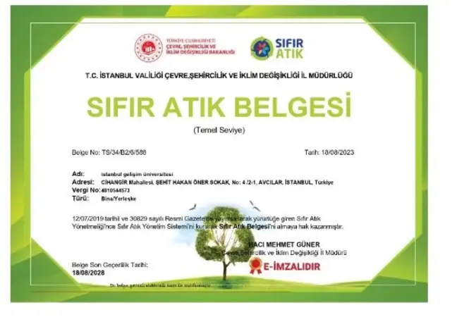 İstanbul Gelişim Üniversitesi'ne 'Sıfır Atık Belgesi' verildi