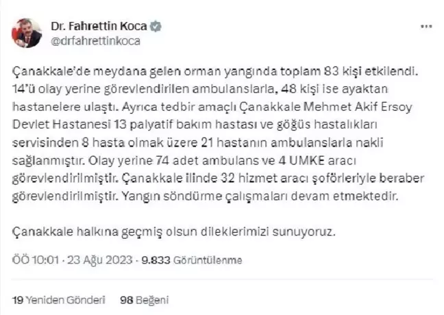 Çanakkale'deki Orman Yangınında 83 Kişi Etkilendi