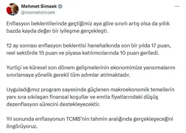 Bakan Şimşek: Yıl Sonunda Enflasyon TCMB Tahminlerinde Gerçekleşecek