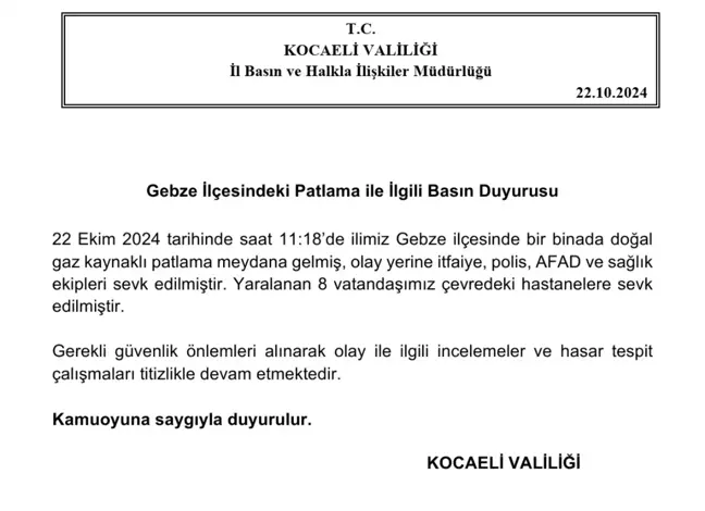 Gebze'de Doğal Gaz Patlaması: 8 Yaralı