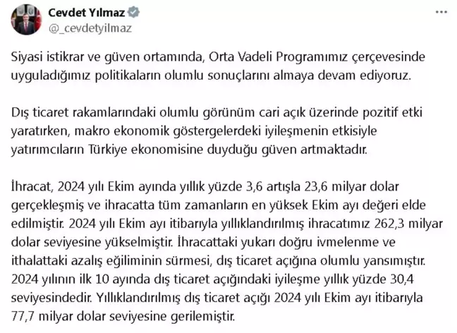 Cevdet Yılmaz: Dış Ticaret ve Turizm Gelirleri Türkiye Ekonomisini Güçlendiriyor