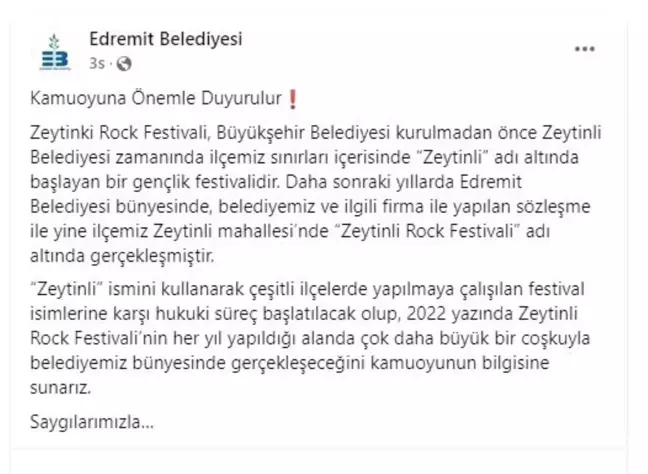 Edremit Belediyesi'nde Zeytinli Rock Festivali açıklaması