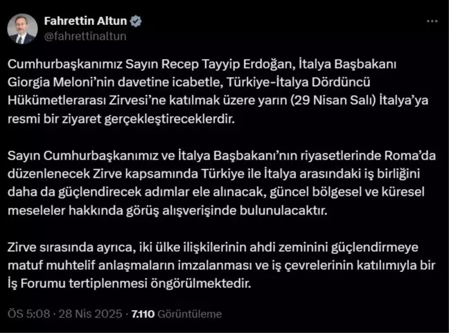 Cumhurbaşkanı Erdoğan, İtalya'ya resmi ziyaret gerçekleştirecek