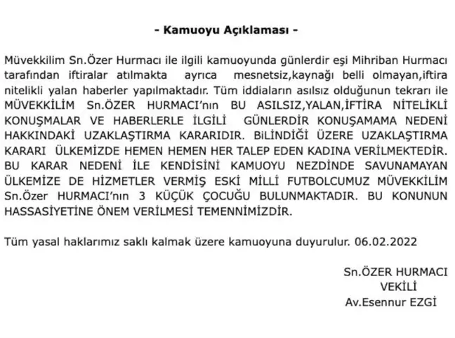 Eski futbolcu Özer Hurmacı'nın avukatından açıklama
