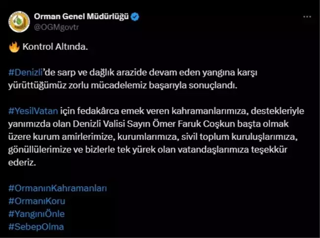 Denizli'deki Orman Yangını Kontrol Altına Alındı