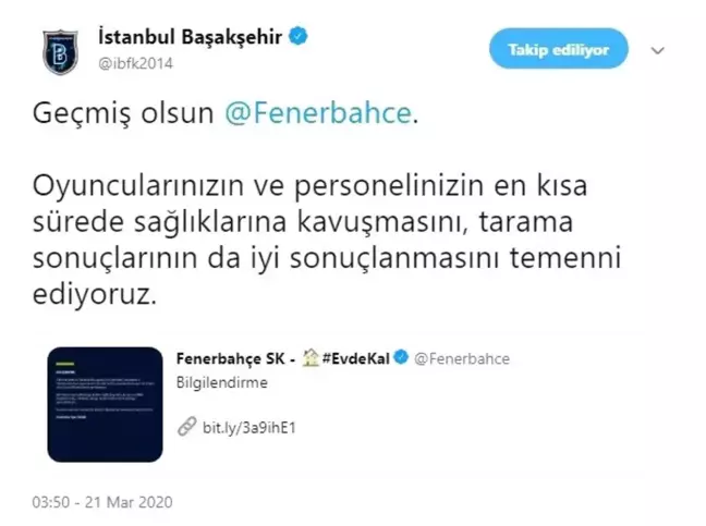 Başakşehir'den Fenerbahçe'ye geçmiş olsun mesajı