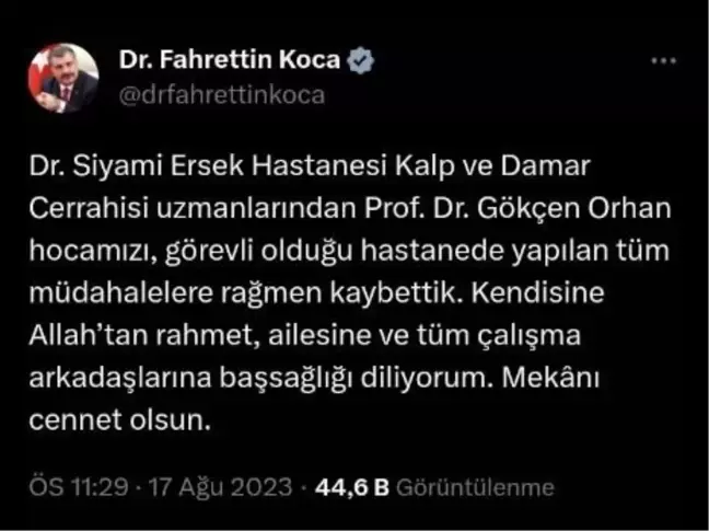 Sağlık Bakanı Fahrettin Koca, Dr. Siyami Ersek Hastanesi'nden bir doktorun hayatını kaybettiğini duyurdu