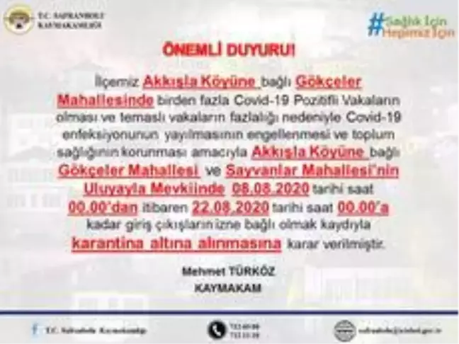 Safranbolu'da köyün 2 mahallesinde karantina uygulaması başlatıldı