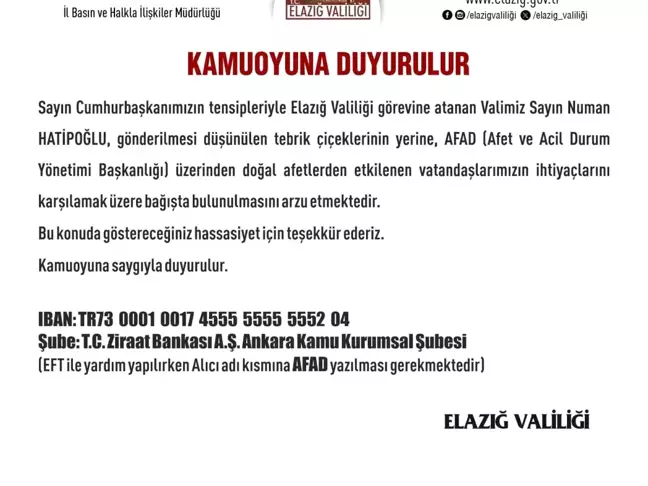 Elazığ Valisi Numan Hatipoğlu, tebrik çiçeği yerine depremzedelere yardım çağrısı yaptı