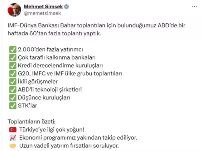Bakan Şimşek: ABD'de 60'tan Fazla Toplantı Yapıldı