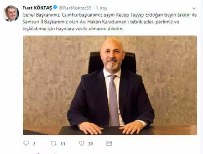 AK Parti Samsun İl Başkanlığı'na Karaduman Atandı
