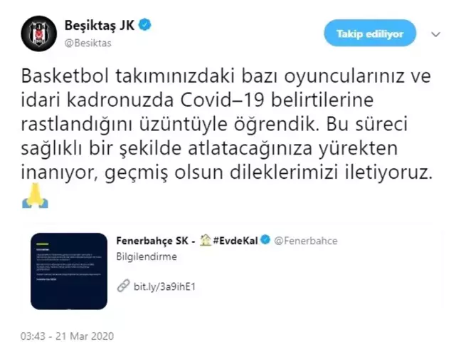 Beşiktaş'tan Fenerbahçe'ye geçmiş olsun mesajı