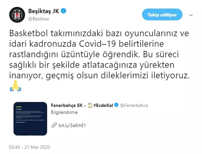 Beşiktaş'tan Fenerbahçe'ye geçmiş olsun mesajı