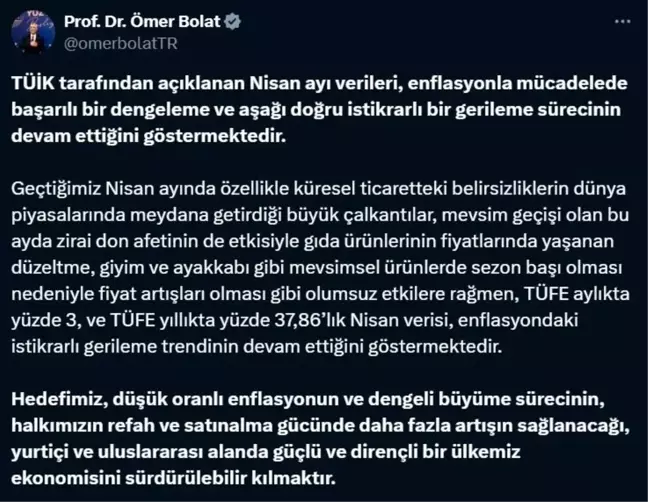Bakan Bolat: Nisan Ayı Enflasyon Verileri Olumlu Göstergeler Sunuyor