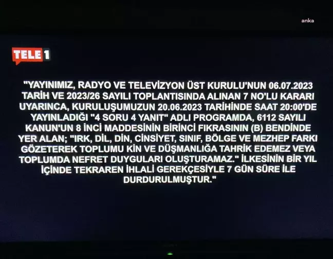 Tele 1 TV'ye 7 Gün Yayın Durdurma Cezası Başladı