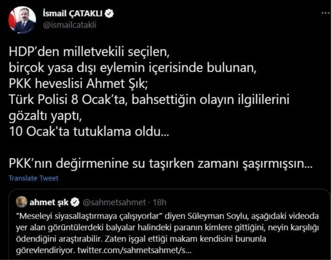 Bakan Yardımcısı Çataklı'dan HDP Milletvekili Şık'a cevap