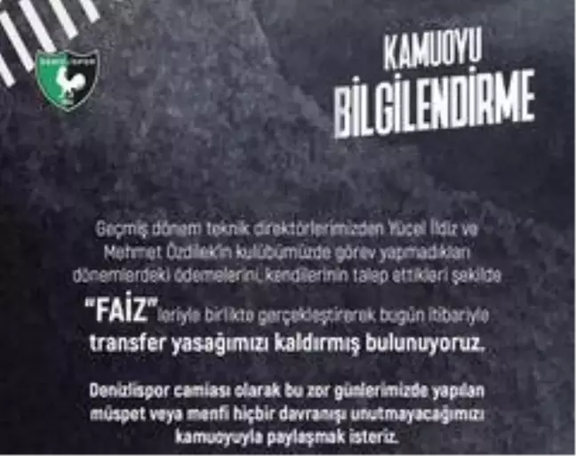 Denizlispor'un transfer yasağı sona erdi