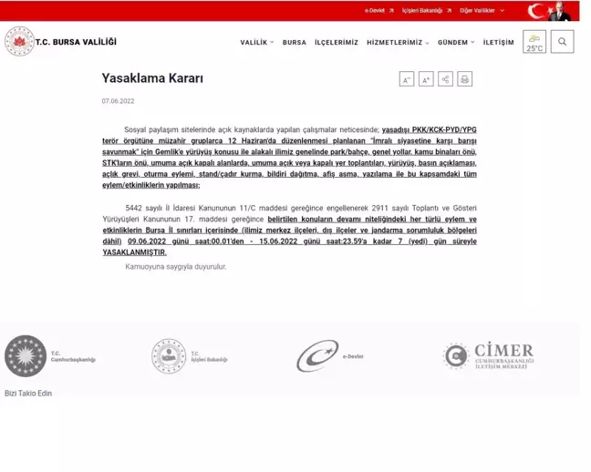Bursa Valiliğinden yasaklama kararı