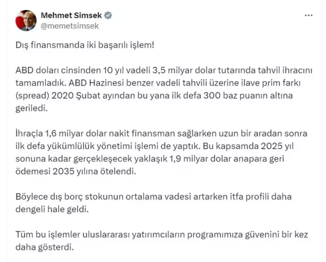 Hazine ve Maliye Bakanı Şimşek'ten Tahvil İhracı Açıklaması