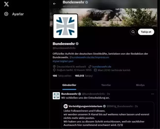 Almanya Federal Savunma Bakanlığı, X Hesabını Askıya Aldı