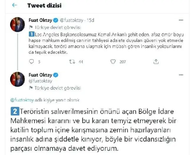 Son Dakika | Cumhurbaşkanı Yardımcısı Oktay, şehit Los Angeles Başkonsolosu Arıkan'ın katili Sasunyan'ın salıverilmesi kararını kınadı Açıklaması