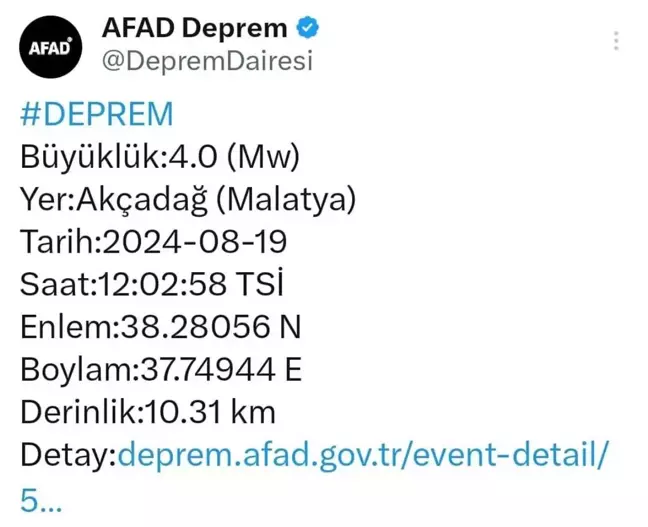 Malatya'nın Akçadağ ilçesinde 4 büyüklüğünde deprem meydana geldi