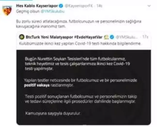 Kayserispor'dan Malatyaspor'a geçmiş olsun mesajı