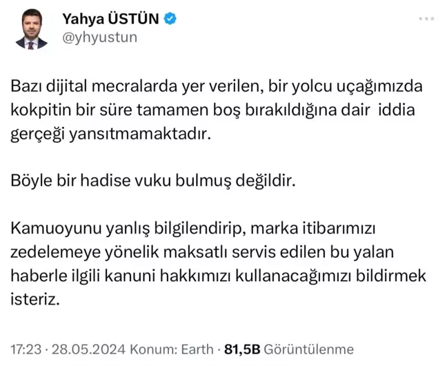 THY'den kokpit iddialarına yanıt: Böyle bir olay gerçekleşmedi