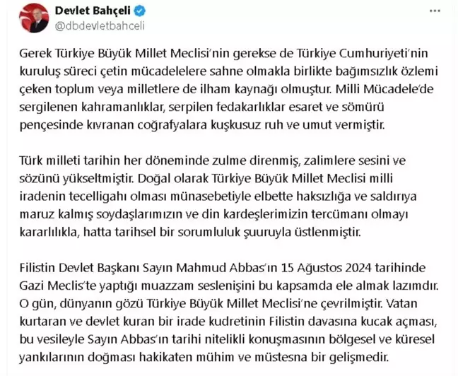 Bahçeli: Gazi Meclis'te yaşanan olaylar üzücü