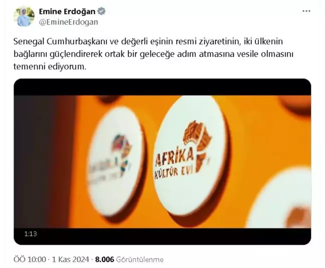 Emine Erdoğan'dan Senegal Cumhurbaşkanı Fay ve eşinin ziyaretine ilişkin paylaşım