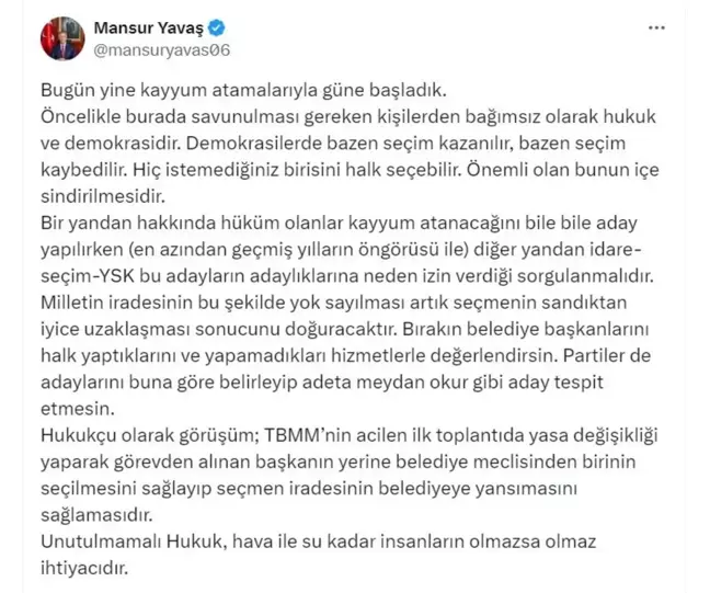 Mansur Yavaş: Seçmen İradesinin Yok Sayılmasına İzin Vermemeliyiz