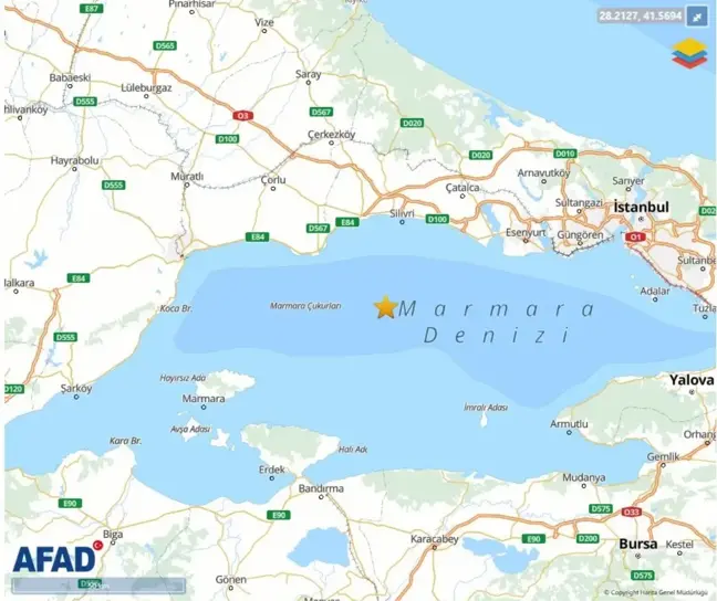 Marmara Denizi'nde 3.7 Büyüklüğünde Deprem