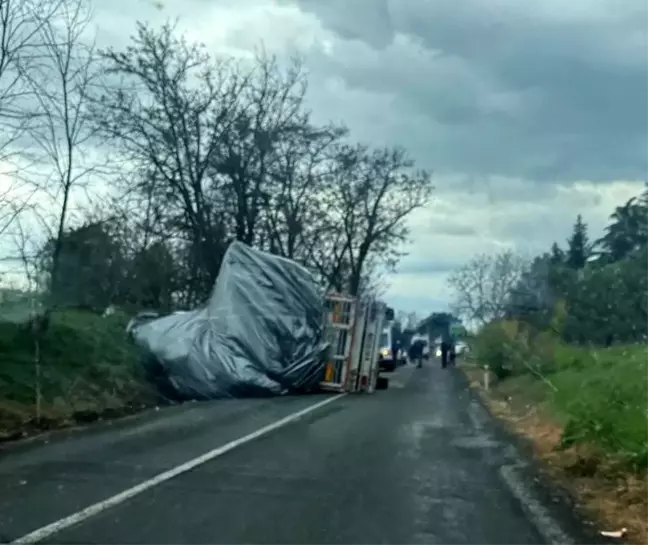 Tekirdağ'da Saman Yüklü Tır Devrildi, Sürücü Yaralandı