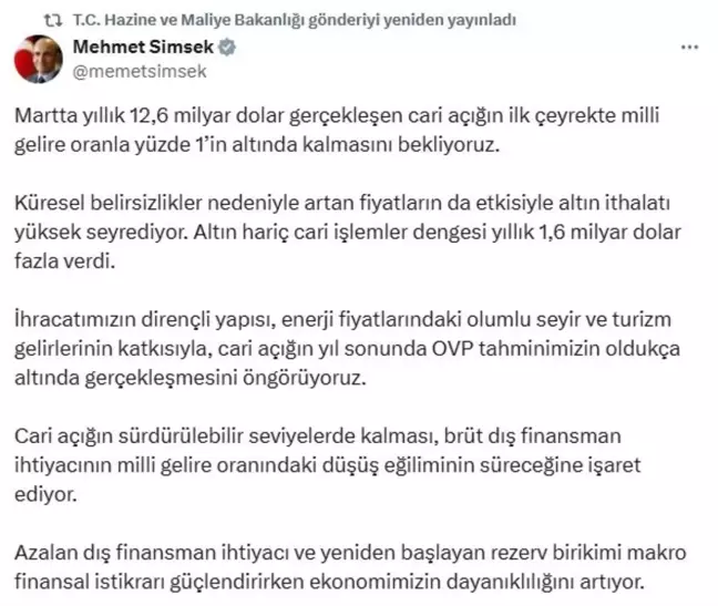 Bakan Şimşek: Cari Açık Yıl Sonunda Tahminlerin Altında Gerçekleşecek
