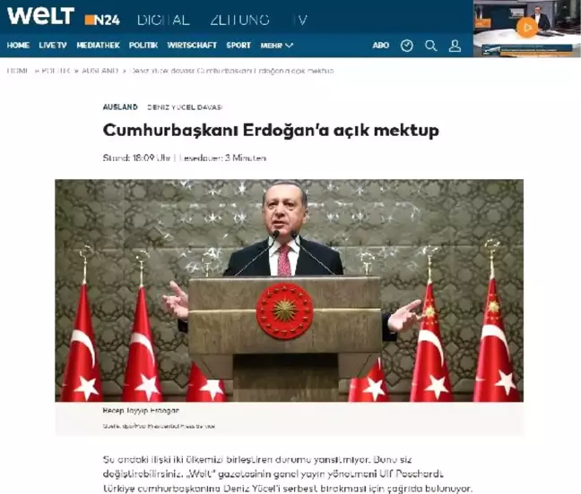 Die Welt Gazetesinden Cumhurbaşkanı Erdoğan'a Açık Mektup
