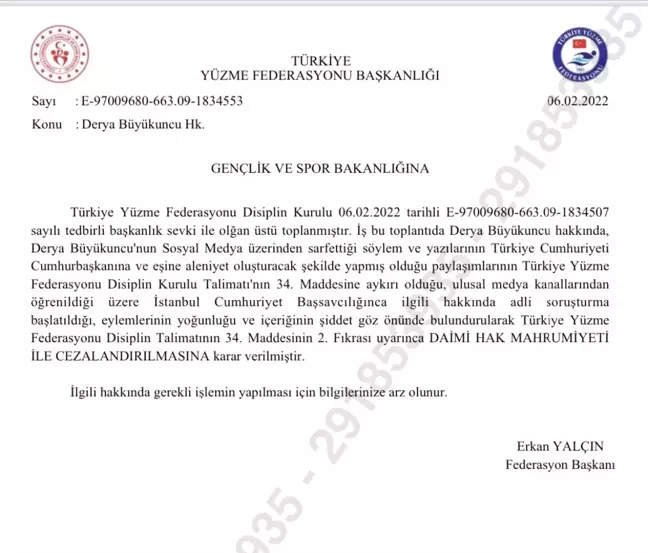 Türkiye Yüzme Federasyonu'ndan, Derya Büyükuncu'ya daimi hak mahrumiyeti