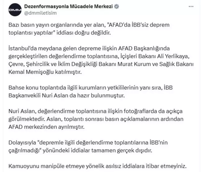 İletişim Başkanlığı'ndan İBB'nin Deprem Toplantısına Katılımı Hakkında Açıklama