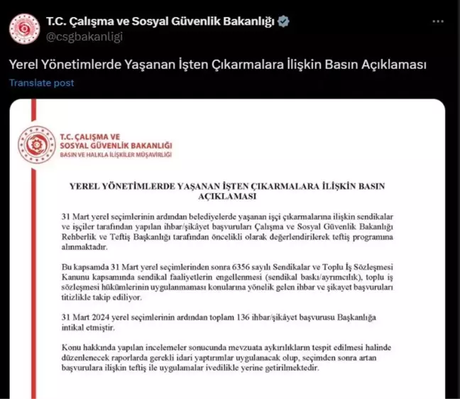 Belediyelerden işten çıkarmalarla ilgili 136 şikayet başvurusu alındı